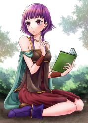 Rule 34 | 1girl, bare shoulders, book, dress, fire emblem, fire emblem: the sacred stones, full body, holding, holding book, index finger raised, looking to the side, lute (fire emblem), nintendo, on ground, open book, open mouth, purple eyes, purple footwear, purple hair, red dress, sitting, sleeveless, sleeveless dress, solo, umehime, wariza