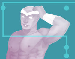 Rule 34 | 1boy, bald, blue background, circlet, cyborg, cyborg (dc), dark skin, dc comics, disguise, hand on head, lowres, male focus, muscular, solid eyes, solo, teen titans, topless male, vambraces, victor stone