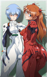 Rule 34 | 2girls, ass, ayanami rei, back, blue eyes, blue hair, blush, bodysuit, breasts, brown hair, cameltoe, cleft of venus, commentary, covered erect nipples, gluteal fold, hair ornament, harumaki (tenpuras16s), headgear, long hair, looking at viewer, looking away, multiple girls, neon genesis evangelion, nipples, parted lips, plugsuit, red eyes, short hair, silhouette, solo, souryuu asuka langley, wet, wet clothes, yuki sasame