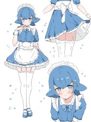 Rule 34 | 1girl, apron, blue bow, blue dress, blue eyes, blue footwear, blue hair, bow, bright pupils, clothes lift, creatures (company), cuffs, dress, frilled apron, frills, from behind, full body, game freak, hair ornament, highres, lana (pokemon), looking at viewer, maid, maid headdress, monmon (monmon k18), nintendo, pokemon, pokemon sm, puffy short sleeves, puffy sleeves, ribbon, short sleeves, skirt, skirt lift, smile, standing, thighhighs, white background, white thighhighs