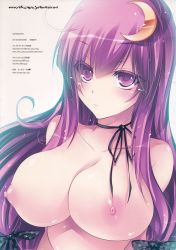 Rule 34 | 1girl, bare shoulders, bow, breasts, choker, collarbone, colored eyelashes, crescent, crescent hair ornament, female focus, hair bow, hair ornament, highres, kobayashi yoshitaka, large breasts, long hair, looking away, looking up, nipples, no bra, non-web source, patchouli knowledge, purple eyes, purple hair, ribbon choker, scan, scan artifacts, simple background, solo, text focus, touhou, upper body