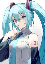 Rule 34 | 1girl, blue eyes, blue hair, blue necktie, breast pocket, closed mouth, collared shirt, detached sleeves, eyelashes, frilled shirt collar, frills, grey shirt, hair between eyes, hatsune miku, highres, long hair, looking at viewer, necktie, number tattoo, pocket, shirt, shoulder tattoo, simple background, smile, solo, tattoo, tie clip, twintails, urata asao, v, very long hair, vocaloid, white background