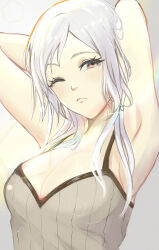 Rule 34 | 1girl, ;(, armpits, arms behind head, arms up, breasts, brown eyes, camisole, cleavage, closed mouth, commentary, fire emblem, fire emblem awakening, grey background, head tilt, highres, inusukino1, long hair, medium breasts, nintendo, one eye closed, robin (female) (fire emblem), robin (fire emblem), solo, spaghetti strap, upper body, white hair