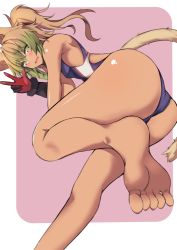 Rule 34 | 1girl, ahoge, animal ears, atalanta (fate), barefoot, blush, breasts, cat ears, cat tail, competition swimsuit, artistic error, fate/grand order, fate (series), foreshortening, gloves, gradient hair, green eyes, green hair, hair between eyes, long hair, looking at viewer, multicolored hair, nahu, one-piece swimsuit, open mouth, smile, solo, swimsuit, tail, tan, two-tone hair, v, very long hair, wrong foot