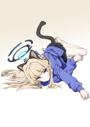 1girl animal_ears barefoot black_skirt blonde_hair blue_archive blue_eyes blue_sweater braid breasts cat_ears cat_tail fake_animal_ears halo highres iwasaki_takashi long_hair long_sleeves looking_at_viewer lying medium_breasts on_side skirt solo sweater tail toki_(blue_archive)