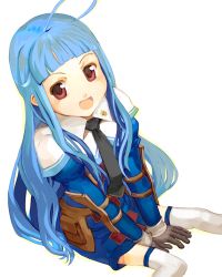 Rule 34 | 00s, 1girl, ahoge, aliasse, blue hair, female focus, from above, ginka (ginkashino), gloves, gradient background, long hair, looking up, military, military uniform, necktie, open mouth, red eyes, senjou no valkyria, senjou no valkyria (series), senjou no valkyria 2, sitting, skirt, smile, solo, thighhighs, uniform, white background