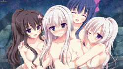 Rule 34 | 1boy, 3girls, androgynous, annoyed, bad id, bad pixiv id, blue eyes, blue hair, blush, bow, breasts, brown hair, cleavage, closed eyes, flower, girl sandwich, grey hair, hair bow, hair flower, hair ornament, highres, hug, large breasts, long hair, mixed-sex bathing, multiple girls, nude, one eye closed, onsen, ponytail, psychic hearts, purple eyes, sandwiched, shared bathing, smile, water, wavy mouth, yuyumatsu