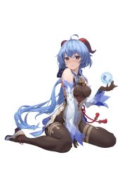 Rule 34 | 1girl, ahoge, arm between legs, bare shoulders, bell, black gloves, black pantyhose, blue hair, blush, breasts, chinese knot, covered erect nipples, detached sleeves, flower knot, full body, ganyu (genshin impact), genshin impact, gloves, gold trim, high heels, highres, horns, long hair, looking at viewer, medium breasts, neck bell, orb, pantyhose, purple eyes, qilin (mythology), sidelocks, sitting, smile, solo, tassel, thighlet, thighs, user dydg2722, wariza, white background, white sleeves