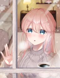 Rule 34 | 1girl, blue eyes, blush, braid, breath, brown sweater, commentary request, couch, cup, earrings, hair between eyes, hand on window, highres, holding, holding cup, indoors, jewelry, lamp, long hair, minamimio0527, open mouth, original, pink hair, snowflakes, solo, sweater, upper body