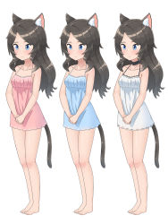 Rule 34 | 1girl, absurdres, aina (mao lian), animal ear fluff, animal ears, babydoll, bare arms, bare legs, bare shoulders, barefoot, black choker, blue eyes, blush, breasts, cat ears, cat tail, choker, closed mouth, grey hair, highres, lingerie, long hair, mao lian (nekokao), multiple views, original, parted bangs, simple background, small breasts, standing, tail, underwear, v arms, white background