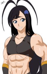 1boy abs alternate_muscle_size androgynous antenna_hair artist_name black_gloves black_hair black_tank_top bleach bleach:_sennen_kessen-hen blue_eyes collarbone crop_top eyelashes giselle_gewelle gloves grin highres long_hair male_focus muscular muscular_male simple_background smile solo swept_bangs tank_top upper_body very_long_hair white_background za_barro