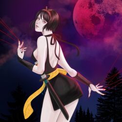 Rule 34 | 1girl, artist request, ass, bare legs, bare shoulders, between breasts, black dress, black gloves, black hair, bob cut, breasts, cleavage, dress, fingerless gloves, gloves, hair ribbon, hairband, highres, inuyasha, large breasts, lips, lipstick, looking at viewer, makeup, night, no bra, no panties, open mouth, pink eyes, red ribbon, revealing clothes, ribbon, sakasagami no yura, sash, short dress, short hair, simple background, sitting, smile, solo, string, toes, wide hips