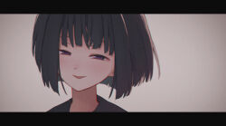 Rule 34 | 1girl, amemori sayo, black eyes, black hair, bob cut, commentary request, grey background, half-closed eyes, highres, idou kyoushitsu, letterboxed, looking at viewer, nijisanji, open mouth, portrait, purple eyes, short hair, simple background, smile, solo, virtual youtuber