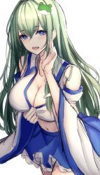 Rule 34 | 1girl, 7saki, blue eyes, breasts, detached sleeves, frog hair ornament, green hair, hair ornament, hand on own chest, highres, kochiya sanae, large breasts, non-web source, simple background, snake hair ornament, touhou, white background