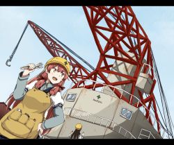 Rule 34 | 10s, akashi (kancolle), any (lucky denver mint), apron, black hair, blue skirt, crane (machine), green eyes, hair ribbon, hairband, hard hat, helmet, kantai collection, letterboxed, long hair, long sleeves, multiple girls, ooyodo (kancolle), open mouth, pink hair, pleated skirt, ribbon, school uniform, serafuku, skirt, smile, tools, tress ribbon, twintails, wrench