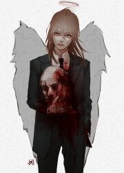 Rule 34 | 1boy, angel devil (chainsaw man), angel wings, bald, black jacket, black necktie, black pants, blood, blood on clothes, blood on hands, brown eyes, brown hair, chainsaw man, collared shirt, formal, hair between eyes, halo, hand in pocket, highres, holding head, jacket, jumi skt, looking at viewer, medium hair, necktie, pants, severed head, shirt, shirt tucked in, simple background, solo, suit, suit jacket, white background, white shirt, white wings, wings
