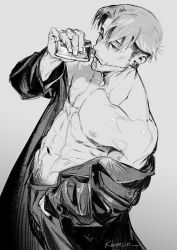 Rule 34 | 1boy, abs, artist name, beard stubble, chainsaw man, coat, collarbone, ear piercing, facial hair, flask, grey background, grey hair, greyscale, hand in pocket, holding, holding flask, kb-mon, kishibe (chainsaw man), looking to the side, male pubic hair, monochrome, muscular, muscular male, off shoulder, old, old man, open mouth, piercing, pubic hair, pubic hair peek, short hair, simple background, solo, stitched mouth, stitches, stubble, unworn shirt