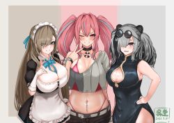 Rule 34 | 3girls, :d, animal ears, apron, aqua eyes, arknights, artist logo, asuna (blue archive), azur lane, bare shoulders, belt, bikini, bikini under clothes, black choker, black dress, black hair, black shorts, blue archive, blue neckwear, blush, bracelet, breasts, bremerton (azur lane), brown background, brown eyes, china dress, chinese clothes, choker, cleavage, cleavage cutout, clothing cutout, collarbone, commentary request, company connection, cowboy shot, crop top, crop top overhang, crossover, dated, detached collar, dress, elbow gloves, eyes visible through hair, eyewear on head, feater (arknights), gloves, grey belt, grey hair, grin, groin, hair between eyes, hair intakes, hair over one eye, halo, hand on own hip, hand on own chest, highleg, highleg bikini, highres, jewelry, large breasts, lifebuoy ornament, light brown hair, long hair, looking at viewer, maid, maid headdress, midriff, mole, mole on breast, multicolored background, multicolored hair, multiple girls, nail polish, navel, navel piercing, neck ribbon, neckwear between breasts, off shoulder, one eye closed, open mouth, oza osuwari, panda ears, piercing, pink background, pink bikini, pink eyes, pink hair, pink nails, puffy short sleeves, puffy sleeves, ribbon, round eyewear, shirt, short sleeves, shorts, side slit, sidelocks, silver background, sleeveless, sleeveless dress, smile, standing, streaked hair, sunglasses, swimsuit, teeth, twintails, two-tone hair, two-tone shirt, v, white apron, white gloves, wristband