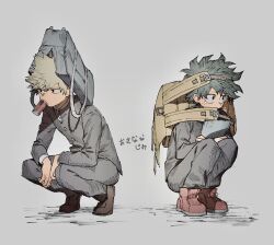 Rule 34 | 2boys, aged down, alternate eye color, anohenn, arms on knees, backpack, bag, bag on head, bakugou katsuki, between legs, black eyes, blonde hair, boku no hero academia, book, hugging book, brown footwear, buttons, can, commentary request, covered mouth, cross-laced footwear, curly hair, dress shoes, freckles, full body, gakuran, green hair, grey background, grey bag, grey jacket, grey pants, hair between eyes, hand between legs, highres, holding, holding book, hugging object, jacket, leaning forward, long sleeves, looking away, looking to the side, male focus, midoriya izuku, mouth hold, multiple boys, muted color, notebook, open bag, pants, red footwear, school uniform, shirt, short hair, sideways glance, simple background, slav squatting, spiked hair, squatting, strap, western spy squatting, white shirt, zipper pull tab