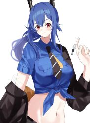 Rule 34 | 1girl, arknights, black jacket, blue hair, blue shirt, breast pocket, ch&#039;en (arknights), dragon horns, highres, holding, holding key, horns, jacket, key, lily0428, long hair, looking at viewer, midriff, navel, official alternate costume, pocket, red eyes, shirt, short sleeves, simple background, smile, solo, tied shirt, upper body, white background