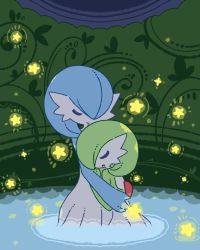 Rule 34 | 2girls, alternate color, blue hair, blue skin, bob cut, closed eyes, closed mouth, colored skin, creatures (company), female focus, game freak, gardevoir, gen 3 pokemon, glowing, green background, green hair, green skin, hair over one eye, hand up, happy, hug, kneeling, muguet, multicolored skin, multiple girls, nintendo, open mouth, partially submerged, pokemon, pokemon (creature), shiny and normal, shiny pokemon, short hair, smile, standing, star (symbol), two-tone skin, wading, water, white skin, yuri