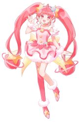 Rule 34 | 1girl, ahoge, anko maccha, blunt bangs, blush, choker, commentary request, cure star, earrings, full body, fur-trimmed footwear, fur trim, hair ornament, highres, hoshina hikaru, jewelry, magical girl, pink choker, pink eyes, pink hair, pink thighhighs, planet hair ornament, pouch, precure, simple background, single thighhigh, smile, solo, star (symbol), star choker, star twinkle precure, thighhighs, twintails, white background