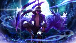 Rule 34 | 1boy, abs, artist request, boots, french-bread, full moon, glowing, glowing eye, gordeau, gradient background, hair over one eye, highres, huge weapon, knee boots, male focus, moon, official art, outdoors, pectorals, popped collar, purple eyes, scythe, short hair, sky, solo, under night in-birth, weapon