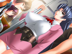 Rule 34 | 1boy, 3girls, ahoge, blue hair, bottomless, breasts, brown hair, censored, character request, chikan, cleavage, closed eyes, collared shirt, copyright request, covered erect nipples, dutch angle, formal, glasses, impossible clothes, impossible shirt, indoors, injoku hitozuma onna kyoushi, jacket, large breasts, legs together, long hair, mature female, medium breasts, microskirt, miniskirt, mosaic censoring, multiple girls, no bra, panties, pantyshot, parted lips, pencil skirt, pink jacket, pink skirt, ponytail, pussy juice, red neckwear, shirasagi aina, shirt, sitting, skin tight, skirt, skirt suit, smile, standing, strikes, suit, takahashi record, teacher, thick thighs, thighhighs, thighs, train, train interior, underwear, upskirt, very long hair, white panties