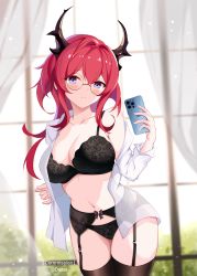 Rule 34 | 1girl, absurdres, arknights, bespectacled, black panties, black thighhighs, blush, bra, breasts, cellphone, cleavage, collarbone, commentary, cowboy shot, curtains, garter belt, glasses, hair between eyes, hair intakes, hand up, head tilt, highres, holding, holding phone, indoors, large breasts, long hair, long sleeves, looking at viewer, navel, off shoulder, open clothes, open shirt, panties, penguin uwu, phone, purple eyes, red hair, round eyewear, shirt, single bare shoulder, smartphone, solo, standing, stomach, surtr (arknights), thighhighs, thighs, underwear, white shirt, window