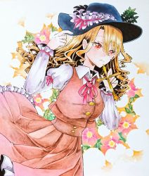 Rule 34 | 1girl, black hat, blonde hair, blush, breasts, brooch, brown skirt, brown vest, buttons, chaka3464, closed mouth, collared shirt, commentary request, dutch angle, eyelashes, fedora, flower, frilled hat, frilled skirt, frilled sleeves, frills, hand on headwear, hat, hat feather, jacket girl (dipp), jewelry, juliet sleeves, long hair, long sleeves, medium breasts, orange eyes, pink flower, puffy sleeves, red ribbon, ribbon, shirt, skirt, touhou, traditional media, vest, wavy hair, white shirt