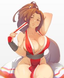 Rule 34 | 1girl, arm up, armor, breasts, brown eyes, brown hair, collarbone, commentary, covered erect nipples, english commentary, fatal fury, folded fan, folding fan, hair ribbon, hand fan, high ponytail, holding, holding fan, japanese armor, kote, large breasts, lips, looking at viewer, ninja, no bra, no panties, pelvic curtain, ponytail, revealing clothes, ribbon, sash, shiranui mai, snortzog, solo, the king of fighters, thick thighs, thighs, unaligned breasts, white background