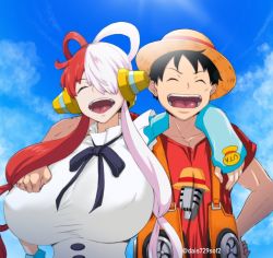 Rule 34 | 1boy, 1girl, breasts, dais729sof, huge breasts, laughing, monkey d. luffy, one piece, one piece film: red, smile, uta (one piece)