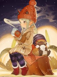 Rule 34 | 1girl, artist name, baozi, beanie, beige coat, blanket, boots, coat, commentary, cup, final fantasy, final fantasy xiv, floral print, food, from side, full body, fur-trimmed boots, fur trim, green hair, grey eyes, hat, holding, holding cup, holding food, hood, hood down, hooded coat, lalafell, medium hair, mittens, mug, n122425, pantyhose, platypus, pocket, pointy ears, red footwear, red hat, red scarf, scarf, signature, sitting, sitting on tree stump, snowing, solo, steam, symbol-only commentary, tree stump, twintails, warrior of light (ff14), winter, winter clothes, winter coat