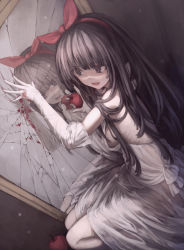 Rule 34 | 1girl, apple, bare shoulders, bleeding, blood, blood on clothes, blood on gloves, bow, broken, broken mirror, brown hair, dress, food, fruit, gloves, hair bow, highres, holding, holding food, holding fruit, kneeling, long hair, mirror, open mouth, original, osobachan, pink pupils, purple eyes, reflection, see-through, see-through silhouette, silhouette, smile, solo, white dress, white gloves