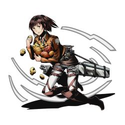 Rule 34 | 10s, 1girl, alpha transparency, boots, bread, brown eyes, brown footwear, brown hair, brown jacket, divine gate, eating, food, full body, holding, jacket, knee boots, looking at viewer, military, military uniform, official art, pants, sasha blouse, shadow, shingeki no kyojin, short hair, solo, three-dimensional maneuver gear, transparent background, ucmm, uniform, white pants