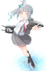 Rule 34 | 10s, 1girl, arm warmers, bow, collared shirt, comah, grey hair, grey skirt, hair bow, hair ornament, kantai collection, kasumi (kancolle), open mouth, orange eyes, pleated skirt, shirt, short sleeves, side ponytail, simple background, skirt, solo, suspenders, turret, water