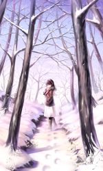 Rule 34 | 1girl, absurdres, black pantyhose, boots, breath, brown hair, coat, footprints, forest, hand in pocket, highres, imaoka, looking back, nature, original, pantyhose, pleated skirt, scarf, skirt, smile, snow, solo