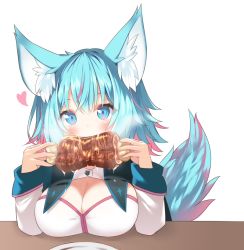 Rule 34 | 1girl, animal ear fluff, animal ears, black cape, blue eyes, blue hair, boned meat, breasts, cape, cleavage, commission, daidai ookami, eating, food, hair between eyes, hands up, heart, holding, holding food, long sleeves, meat, medium breasts, multicolored hair, original, pink hair, plate, shirt, simple background, skeb commission, sleeves past wrists, solo, streaked hair, tail, white background, white shirt