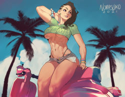 Rule 34 | 1girl, abs, artist name, bead bracelet, beads, black eyes, black hair, blue sky, bracelet, breasts, cloud, commentary, dated, day, earrings, english commentary, green shirt, grey shorts, highres, jewelry, laura matsuda, looking to the side, medium breasts, motor vehicle, motorcycle, muscular, muscular female, navel, norasuko, outdoors, palm tree, shirt, short shorts, short sleeves, shorts, signature, sitting, sky, smile, solo, street fighter, street fighter v, thighs, toned, tree, underboob