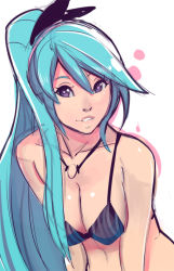 Rule 34 | 1girl, bikini, blue hair, breasts, cleavage, hyrule warriors, lana (hyrule warriors), long hair, necktie, nintendo, ponytail, sho-n-d, smile, solo, swimsuit, the legend of zelda, v arms