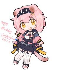 Rule 34 | 1girl, :d, animal ears, arknights, black hairband, black jacket, black skirt, blue jacket, cat ears, cat girl, cat tail, character name, chibi, chibi only, dated, floppy ears, garter straps, goldenglow (arknights), hairband, happy birthday, high-waist skirt, highres, id card, jacket, lanyard, lightning bolt print, long sleeves, looking at viewer, multicolored clothes, multicolored jacket, open clothes, open jacket, open mouth, pink footwear, pink hair, pink jacket, print hairband, shirt, shirt tucked in, simple background, skirt, smile, solo, tail, thighhighs, user dnhk8575, white background, white shirt, white thighhighs, yellow eyes