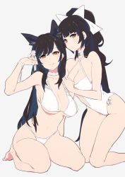 Rule 34 | 2girls, animal ears, arm up, atago (azur lane), atago (summer march) (azur lane), azur lane, barefoot, bikini, black hair, blunt bangs, bow, breasts, brown eyes, casual one-piece swimsuit, choker, cleavage, closed mouth, criss-cross halter, flower, grey background, hair bow, hair flower, hair ornament, halterneck, hand on another&#039;s shoulder, kneeling, large breasts, leaning forward, mole, mole under eye, multiple girls, navel, one-piece swimsuit, ponytail, simple background, sitting, smile, sohin, string bikini, swept bangs, swimsuit, takao (azur lane), takao (beach rhapsody) (azur lane), wariza, white bikini, white one-piece swimsuit, wristband