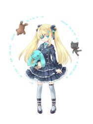 Rule 34 | 1girl, black footwear, blonde hair, blue eyes, bow, dairoku ryouhei, dress, eyepatch, flower, full body, hair flower, hair ornament, highres, holding, holding stuffed toy, kotori popo, long hair, long sleeves, looking at viewer, lucy bluebell, solo, standing, striped clothes, striped thighhighs, stuffed animal, stuffed cat, stuffed toy, teddy bear, thighhighs, transparent background, twintails