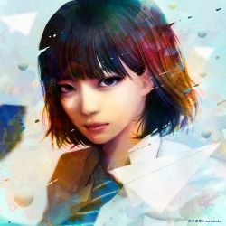 Rule 34 | 1girl, blunt bangs, blurry, blurry background, bob cut, brown eyes, closed mouth, collared shirt, expressionless, lips, looking at viewer, original, paper airplane, pink lips, portrait, realistic, scan, shirt, short hair, solo, upper body, wataboku, white shirt, wing collar