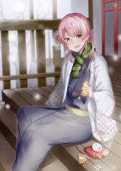 Rule 34 | 15pafe, 1boy, arrow (projectile), bare tree, blue kimono, blurry, blurry background, blush, bottle, breath, commentary request, depth of field, ema, fringe trim, green scarf, hamaya, highres, holding, holding bottle, ichigoha fue, japanese clothes, kimono, long hair, long sleeves, looking at viewer, male focus, mashiro aa, open clothes, open mouth, pink hair, railing, red eyes, scarf, sitting, solo, tree, virtual youtuber, wide sleeves