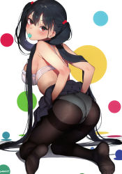 Rule 34 | 1girl, absurdres, black hair, blush, bra, breasts, candy, clothes lift, feet, food, hair bobbles, hair ornament, hair over shoulder, highres, jagayamatarawo, kneeling, large breasts, leaning forward, lifted by self, lollipop, long hair, looking at viewer, looking back, mouth hold, no shoes, original, panties, panties under pantyhose, pantyhose, red eyes, scan, skirt, skirt lift, soles, solo, strap gap, thighband pantyhose, twintails, underwear, very long hair, white bra, white panties