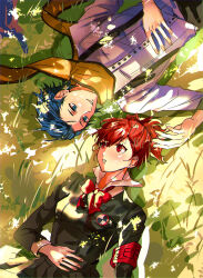 Rule 34 | 1boy, 1girl, armband, blue eyes, blue hair, bow, bowtie, collared shirt, commentary, eye contact, from above, gekkoukan high school uniform, grass, grin, hair ornament, hairclip, hand on own stomach, highres, joowon (jju oon), long sleeves, looking at another, lying, mochizuki ryouji, on back, on grass, parted lips, persona, persona 3, persona 3 portable, ponytail, red armband, red bow, red eyes, red hair, rotational symmetry, scarf, school uniform, shiomi kotone, shirt, short hair, smile, suspenders, white shirt, wing collar, yellow scarf