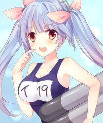 Rule 34 | 10s, 1girl, :d, bad id, bad pixiv id, bare shoulders, blue hair, blush, breasts, finger to cheek, hair ornament, hair ribbon, i-19 (kancolle), kantai collection, large breasts, looking at viewer, monmonkun, name tag, one-piece swimsuit, open mouth, red eyes, ribbon, school swimsuit, smile, solo, swimsuit, torpedo, tri tails, upper body