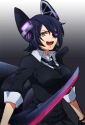 Rule 34 | 10s, 1girl, breasts, eyepatch, gradient background, headgear, kantai collection, necktie, open mouth, personification, purple hair, school uniform, short hair, solo, sword, tenryuu (kancolle), tukno, weapon, yellow eyes