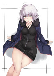 Rule 34 | 1girl, ahoge, alp, annoyed, arm support, black dress, blue coat, blush, breasts, clothes lift, coat, collarbone, crossed legs, dress, dress lift, fate/grand order, fate (series), framed, frown, fur-trimmed coat, fur-trimmed sleeves, fur trim, groin, jeanne d&#039;arc (fate), jeanne d&#039;arc alter (fate), jeanne d&#039;arc alter (ver. shinjuku 1999) (fate), jewelry, leaning back, light blush, long sleeves, looking at viewer, looking up, medium breasts, medium hair, necklace, official alternate costume, open clothes, open coat, open mouth, outside border, silver hair, simple background, sitting, solo, thighs, v-shaped eyebrows, white background, yellow eyes
